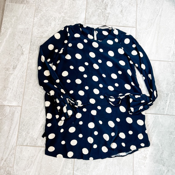 Zara Navy Blue Polka Dot Long Balloon Tie Peasant Sleeve Tunic Top Size Medium - Picture 3 of 7